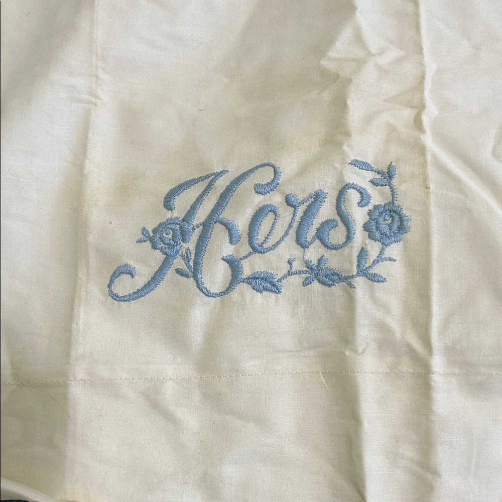 Elegant Cream and Blue Embroidered Pillowcase HERS. 19 x 32. Cotton.